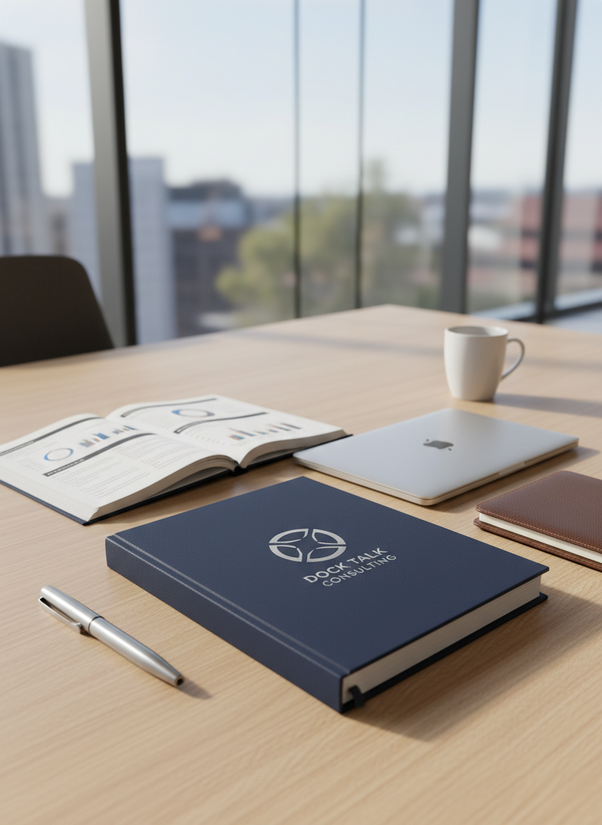 A sleek navy-blue hardcover strategy workbook embossed with the silver logo of Dock Talk Consulting, lying open on a light oak conference table. Around it, neatly arranged are a brushed metal pen, a slim laptop closed beside a leather-bound operations planner, and a clean white porcelain coffee mug. Soft daylight from a nearby floor-to-ceiling window washes across the surface, creating gentle reflections on the metal and subtle grain detail in the wood. The mood is focused and professional, with a calm, organized atmosphere. Photographic realism, shot at eye level with a shallow depth of field so the workbook is crisply in focus while the background of glass walls and muted cityscape softly blurs.